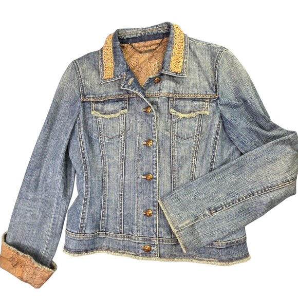 Elie Tahari Denim Jean Jacket Women Small Blue Distressed Embellished Lined Boho - Picture 13 of 13